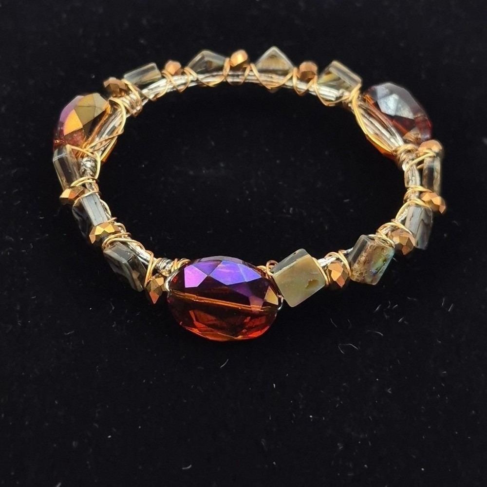 Beaded Wire Bangle Bracelet Abalone Crystal Accent Copper Tone 7.5" Earthy Glam